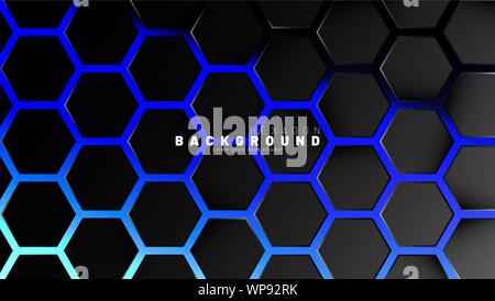 Abstrakte schwarze Sechseck Muster auf Blau neon Hintergrund Technologie Stil. Wabe. Vector Illustration Stock Vektor