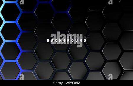 Abstrakte schwarze Sechseck Muster auf Blau neon Hintergrund Technologie Stil. Wabe. Vector Illustration Stock Vektor