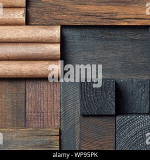 Auszug aus dunklem Holz block collage Hintergrund. Stockfoto
