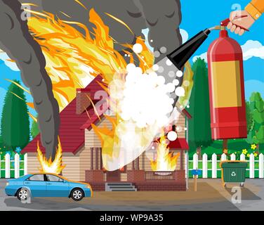 Hölzerne Haus brennt Feuer in der Hütte. Löschen Feuer im Hause. Feuerwehrmann mit Feuerlöscher. Sachversicherung. Natur Landschaft. Naturkatastrophe Konzept. Vector Illustration im flachen Stil Stock Vektor