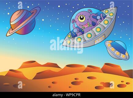 Red Planet mit fliegenden Untertassen Stock Vektor