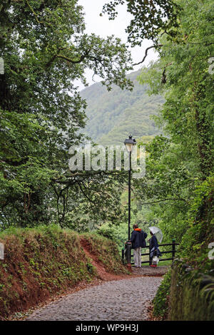 Mit Blick auf das Dorf Clovelly aus der Kopfsteinpflasterstraße. Stockfoto