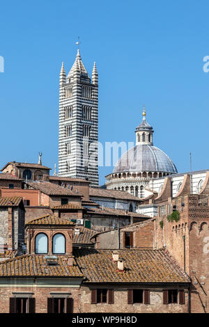 Blick auf den Glockenturm und die Kuppel der Kathedrale Santa Maria Assunta von Siena Stockfoto
