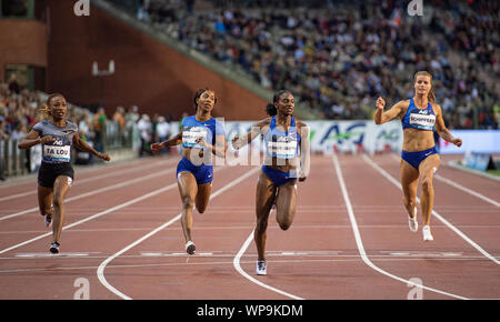 Brüssel - Belgien - Sep 6: Marie-Josée Ta Lou (CIV), shelly-ann Fraser-Pryce (STAU), Dina Asher-Smith (GBR), Dafne Schippers (NED) konkurrieren in der 10. Stockfoto