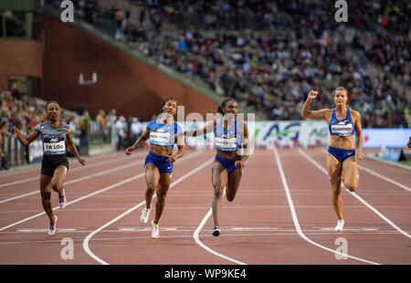 Brüssel - Belgien - Sep 6: Marie-Josée Ta Lou (CIV), shelly-ann Fraser-Pryce (STAU), Dina Asher-Smith (GBR), Dafne Schippers (NED) konkurrieren in der 10. Stockfoto