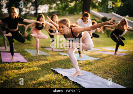 Sind eine Gruppe von jungen Frau in Sportkleidung in Yoga Position auf einem Bein Stockfoto