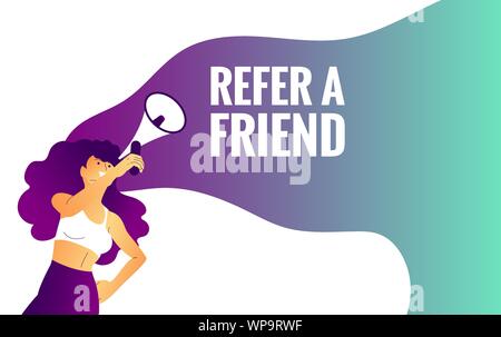 Schöne Mädchen hält Megaphon, beziehen sich auf einen Freund Text. Stock Vektor