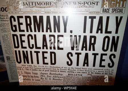 Museum Anzeige der historischen Baltimore news-post Zeitung Schlagzeile bei Ausbruch des Zweiten Weltkrieges Chicago Illinois USA Stockfoto