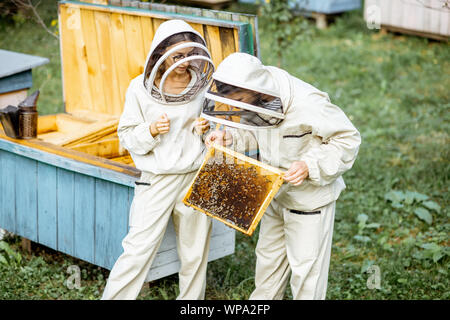 Zwei junge beekepers in Schützende Uniform arbeiten auf einer kleinen Imkerei Bauernhof, Waben aus dem Holz- Bienenstock Stockfoto