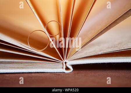 Gold Trauringe in einem Buch von Hand aus natürlichen Materialien Stockfoto