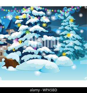 Weihnachtsbaum mit glühenden Girlanden auf dem Hintergrund der Holz- Haus eine kleine Stadt. Beispiel für Poster, party Urlaub Einladung, festliche Neues Jahr Karte Stock Vektor