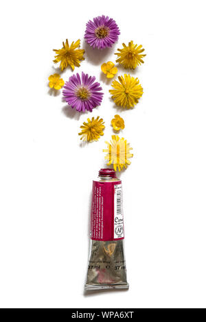 Öl Aquarellmalerei Rohr mit Blumen Stockfoto