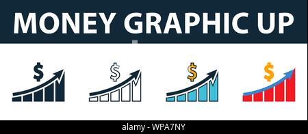 Geld Grafik nach oben Icon Set. Vier Elemente in verschiedenen Stilen aus Geld icons Collection. Kreative Geld Grafik, Icons, Outline, farbige und Stock Vektor