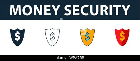 Geld Security Icon Set. Vier Elemente in verschiedenen Stilen aus Geld icons Collection. Kreative geld Sicherheit Icons, Outline, farbige und flach Stock Vektor