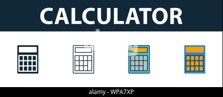 Symbol Rechner gesetzt. Vier Elemente in verschiedenen Stilen aus Geld icons Collection. Kreative Taschenrechner Icons, Outline, Farben und Symbole Stock Vektor