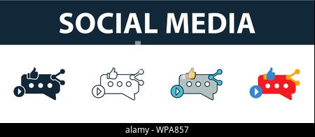 Social Media Icon Set. Vier Elemente in verschiedenen Stilrichtungen von online Marketing icons Collection. Kreative social media Icons, Outline, farbig Stock Vektor