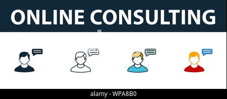 Online Consulting Symbol gesetzt. Vier Elemente in verschiedenen Stilrichtungen von online Marketing icons Collection. Kreative online Consulting Icons, Umriss Stock Vektor