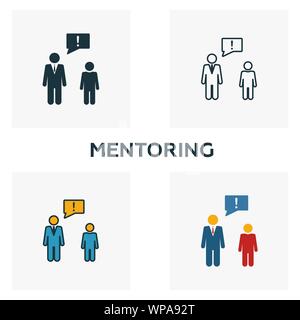Mentoring Icon Set. Vier Elemente in verschiedenen Stilrichtungen von Humanressourcen icons Collection. Kreative mentoring Icons, Outline, farbige und flach Stock Vektor