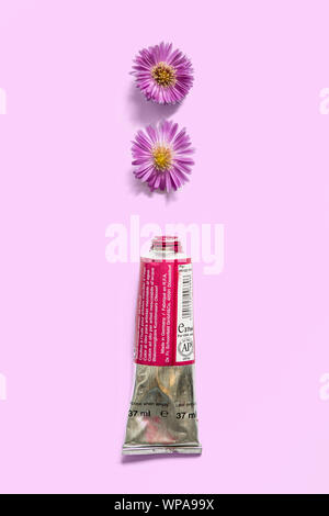 Öl Aquarellmalerei Rohr mit Blumen Stockfoto