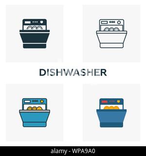 Spülmaschine Icon Set. Vier Elemente in verschiedenen Stilen aus Haushalt icons Collection. Kreative Spülmaschine Icons, Outline, farbige und flach Stock Vektor