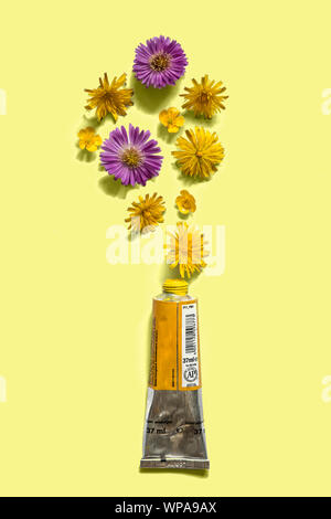 Öl Aquarellmalerei Rohr mit Blumen Stockfoto