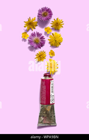 Öl Aquarellmalerei Rohr mit Blumen Stockfoto