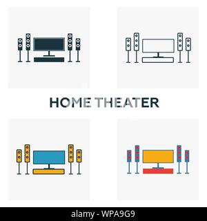 Home Theater Icon Set. Vier Elemente in verschiedenen Stilen aus Haushalt icons Collection. Kreative home theater Icons, Outline, farbige und flach Stock Vektor