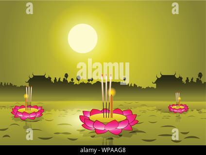 Loy Krathong, Thai berühmte Festival, Vector Illustration, Vollmond mit Tempel und Baum Hintergrund Stock Vektor