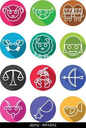 Cute flachen Kreis helle Farbe Sternzeichen weiß streichen Symbol Symbole im flachen Design, Vektor, Abbildung Stock Vektor