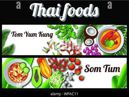 Zwei Thailändischen köstlich und berühmten Essen Banner. SSwassergarnele würzige Suppe Tom tum Kung, Papaya Salat Som Tam und Zutat mit weißem Hintergrund, Vektor illustr Stock Vektor