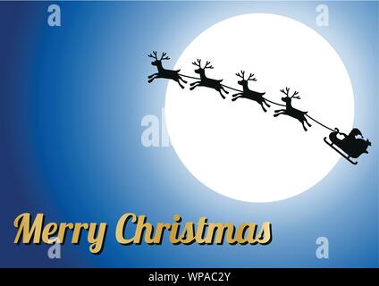 Goldene frohe Weihnachten Text, silhouette Rentier mit Santa Claus fliegen und große Vollmond, blauer Hintergrund ohne Stern, Vektor, Abbildung Stock Vektor