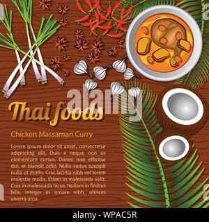 Thai lecker und berühmten Food Chicken Curry Massaman mit Holz- Hintergrund und Zutat, Vector Illustration Stock Vektor