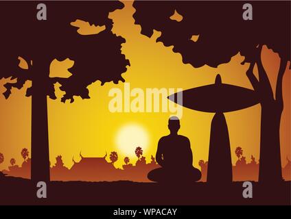 Mönch Meditation sitzen auf Wallfahrt oder Reisen oder wayfaring Gesicht zu Sonnenuntergang Frieden und Glück, Vector Illustration zu finden Stock Vektor