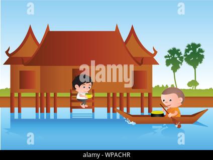 Große Blase Kopf Mann cartoon geben Essen auf dem Boot zu Mönch, um mit den ländlichen Lebensstil Natur Szene, bunte Vektor illustration Stock Vektor