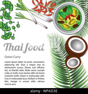 Thai lecker und berühmten Essen Grünes Curry mit isolierten weißen Hintergrund Zutat, Vector Illustration Stock Vektor