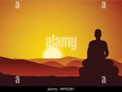 Mönch Meditation sitzen auf dem Berg zu Berg, während Sun an der horizontalen Linie und das Tal, Vector Illustration Stock Vektor