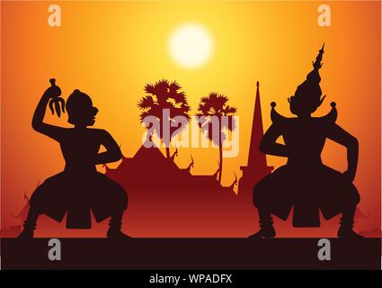 Thai antike Literatur spielen, Ramayana, König der Affen bereit, mit der König von riesigen, silhouette Stil zu kämpfen, Landschaft Hintergrund, Vector Illustration Stock Vektor