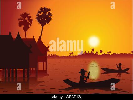 Sunset Landschaft und den ländlichen Wasser Dorf mit einem Ruderboot Zurück zur Startseite", um mit der Natur Landschaft des Ostens lifestyle silhouette Design. Vektor il Stock Vektor