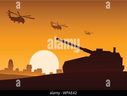 Hubschrauber fliegen über Behälter noch auf Wüste Feind anzugreifen, silhouette Design, Vektor, Abbildung Stock Vektor