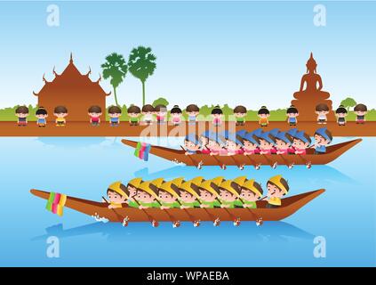 Lange Boot Rennen, farbenfrohen Cartoon Stil, der Sport und das Festival der Asiatischen, um mit der Natur und Land Stil, Vector Illustration Stock Vektor