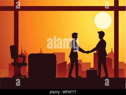 Vector Illustration eines Handshake von zwei Geschäftsmänner, Silhouette Style sunset orange Stadtbild Hintergrund Stock Vektor