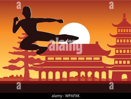 Chinese Boxing Kung Fu Kampfkunst berühmt Sport, Mönch der Bahn zu kämpfen, um mit den chinesischen Tempel, Sonnenuntergang silhouette Design Stock Vektor