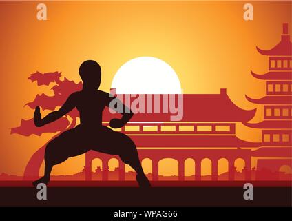 Chinese Boxing Kung Fu Kampfkunst berühmt Sport, Mönch der Bahn zu kämpfen, um mit den chinesischen Tempel, Sonnenuntergang silhouette Design Stock Vektor