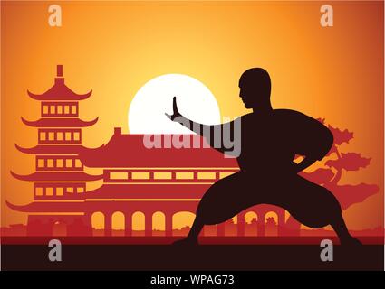 Chinese Boxing Kung Fu Kampfkunst berühmt Sport, Mönch der Bahn zu kämpfen, um mit den chinesischen Tempel, Sonnenuntergang silhouette Design Stock Vektor