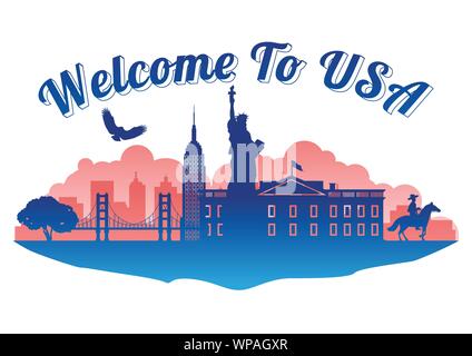 USA nach oben Wahrzeichen Silhouette Style auf der Insel Silhouette Wahrzeichen Stil, willkommen in Usa, Reise und Tourismus, Vector Illustration Stock Vektor