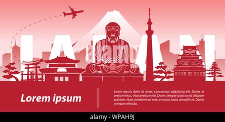 Japan top Wahrzeichen Silhouette Style, Japan Text innerhalb, Reise und Tourismus, Vector Illustration Stock Vektor