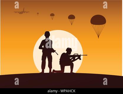 Soldaten halten sie die Waffe ein anderes bereit zu schießen, fallschirmjäger nach unten hinter, Silhouette Style Stock Vektor