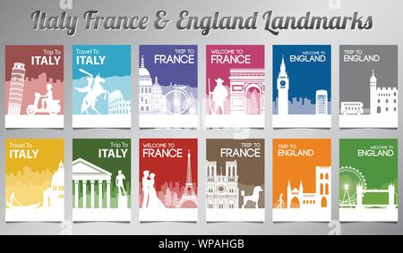 Italien Frankreich und England berühmten Wahrzeichen und Symbol in silhouette Stil mit Multi Color Broschüre, Vektor, Abbildung Stock Vektor