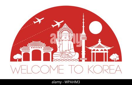 Korea top Wahrzeichen Silhouette und Kuppel mit roter Farbe Stil, Reise und Tourismus, Vektor, Abbildung Stock Vektor