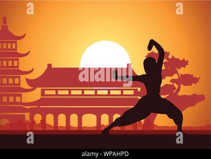 Chinese Boxing Kung Fu Kampfkunst berühmt Sport, Mönch der Bahn zu kämpfen, um mit den chinesischen Tempel, Sonnenuntergang silhouette Design Stock Vektor